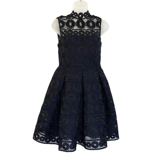 Maje Rodeo Lace Mini Dress High Neck Pleated Gothic Black Blue - Picture 1 of 15